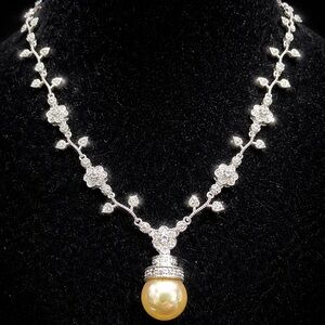 Suzanne Somers Vintage Pearl CZ Floral Flower statement tennis necklace Silver